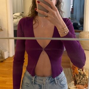 Purple Ribbed V-Neck Women's Top